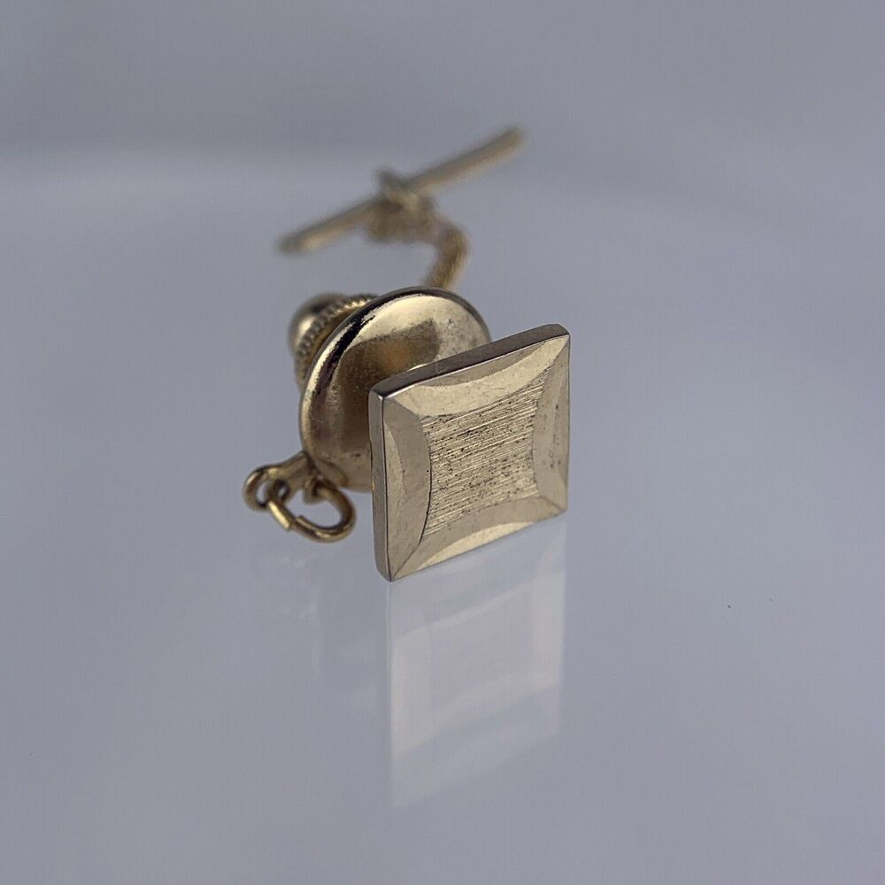 Square Simple Gold Tone Tie Tack Pin Carved Brushed Metal Vintage